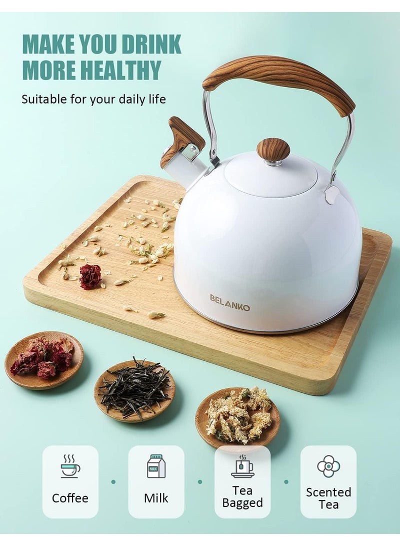 85oz/2.5L Tea Kettle, Food Grade Stainless Steel Whistle Teapot with Wood Pattern Folding Handle, High Whistle Kettle for Tea, Coffee, Milk - Glossy White - Image 2