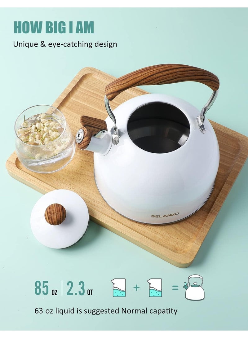 85oz/2.5L Tea Kettle, Food Grade Stainless Steel Whistle Teapot with Wood Pattern Folding Handle, High Whistle Kettle for Tea, Coffee, Milk - Glossy White - Image 3