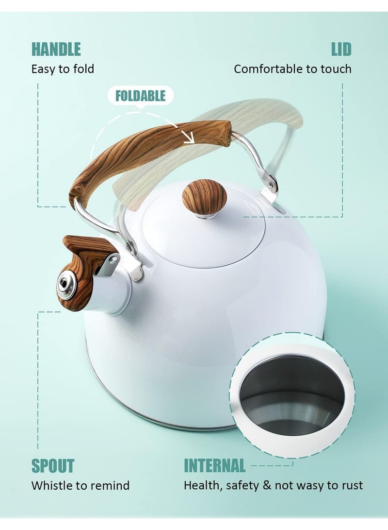 85oz/2.5L Tea Kettle, Food Grade Stainless Steel Whistle Teapot with Wood Pattern Folding Handle, High Whistle Kettle for Tea, Coffee, Milk - Glossy White - Image 4