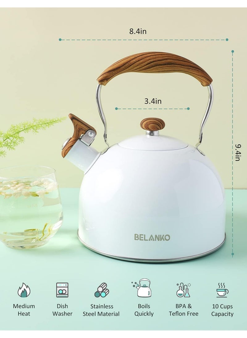 85oz/2.5L Tea Kettle, Food Grade Stainless Steel Whistle Teapot with Wood Pattern Folding Handle, High Whistle Kettle for Tea, Coffee, Milk - Glossy White - Image 5