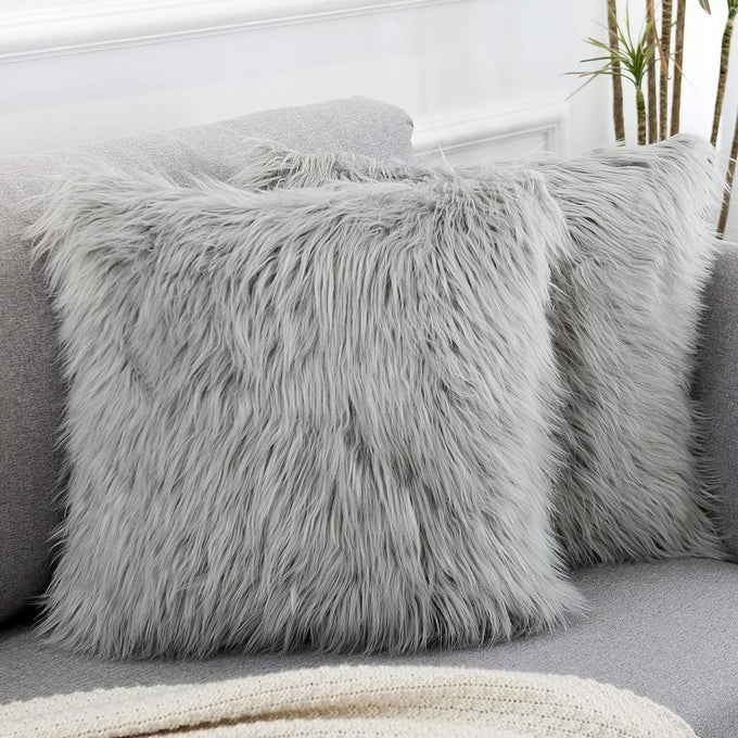 SET OF 2 LIGHT GREY DECORATIVE PILLOW COVERS NEW LUXURY SERIES MERINO STYLE FAUX FUR FLUFFY THROW PILLOW COVERS SQUARE FUZZY CUSHION CASE 18X18 INCH