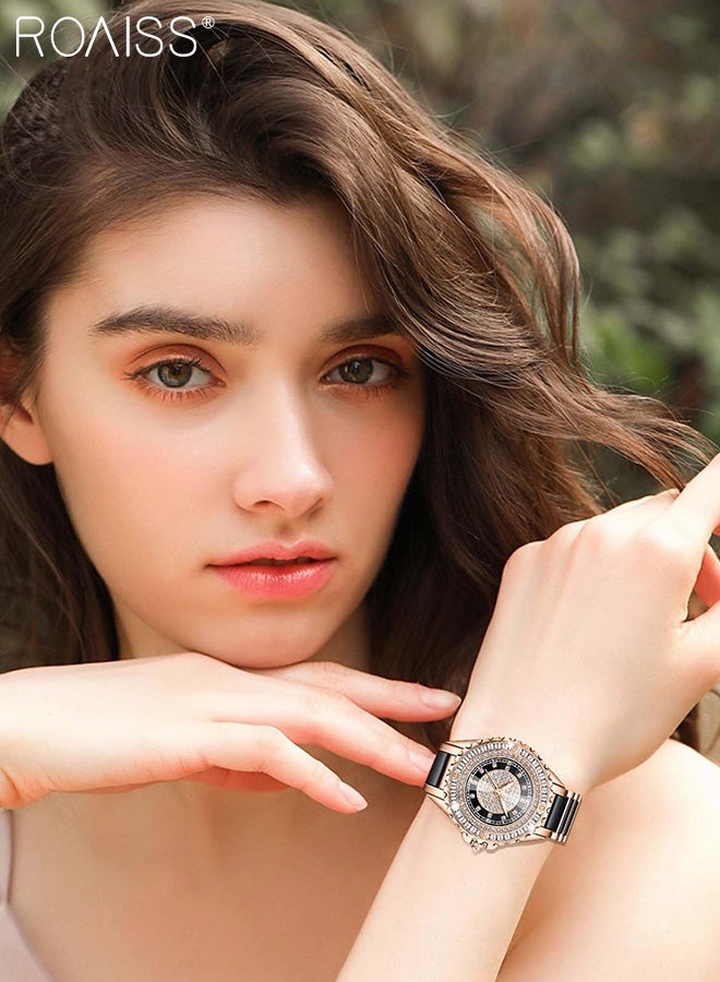 roaiss Women's Ceramic Strap Quartz Watch, Analog Display Round Dial with Zirconium Diamonds Decoration, Luminous Waterproof Luxurious Wristwatch as Gift for Ladies - Image 2