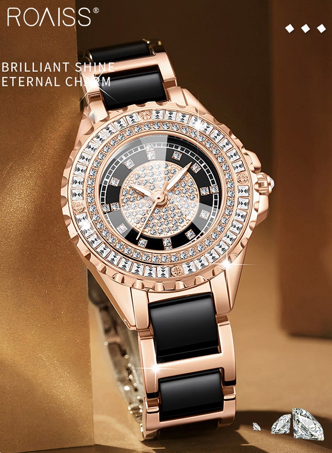 roaiss Women's Ceramic Strap Quartz Watch, Analog Display Round Dial with Zirconium Diamonds Decoration, Luminous Waterproof Luxurious Wristwatch as Gift for Ladies - Image 3