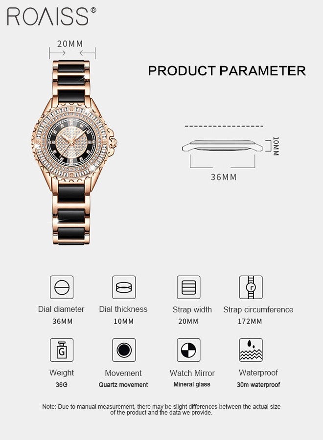 roaiss Women's Ceramic Strap Quartz Watch, Analog Display Round Dial with Zirconium Diamonds Decoration, Luminous Waterproof Luxurious Wristwatch as Gift for Ladies - Image 4