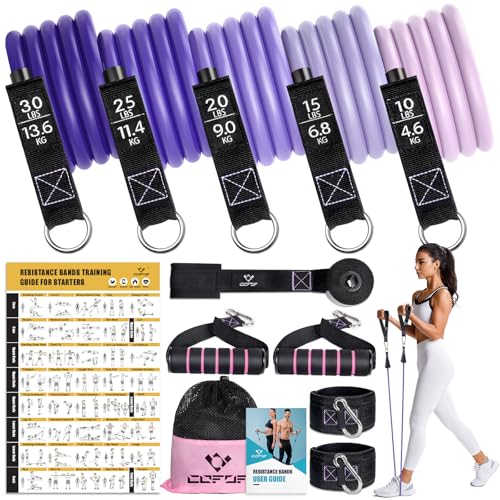 COFOF Resistance Bands with Handles for Women 5 Level Exercise Bands Workout Bands for Physical Therapy Yoga Pilates Door Anchor Storage PouchPurple - Image 1