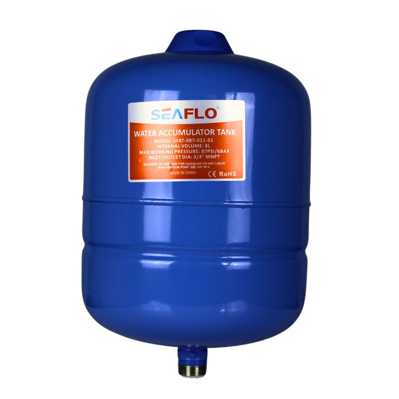 SEAFLO 2 Gallon PrePressurized Accumulator Expansion Tank Reduces Pump Cycling Smooth Water Flow 87 PSI 34 MNPT Compact Design for RV Marine Boat OffGrid Systems 4Year Warranty