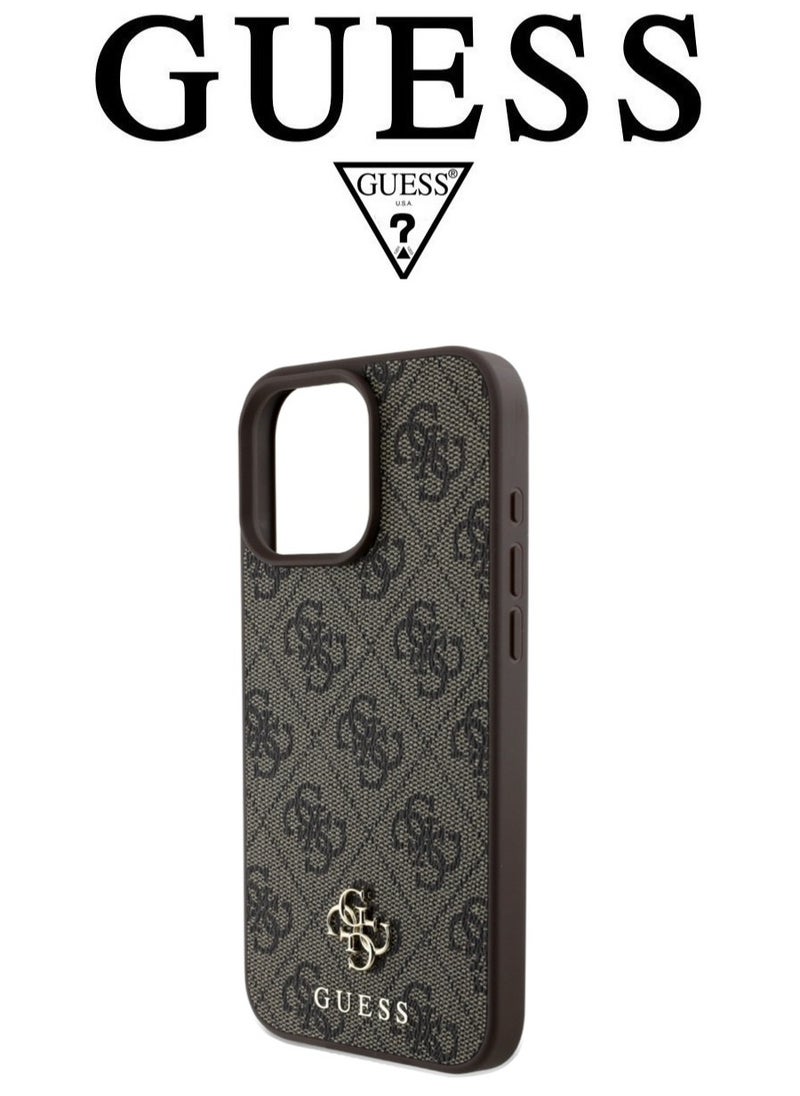 IPhone 16 Pro cover,supports MagSafe wireless charging, with a logo and a leather French design approved by the global brand Guess. From CG-MOBILE. In Brown