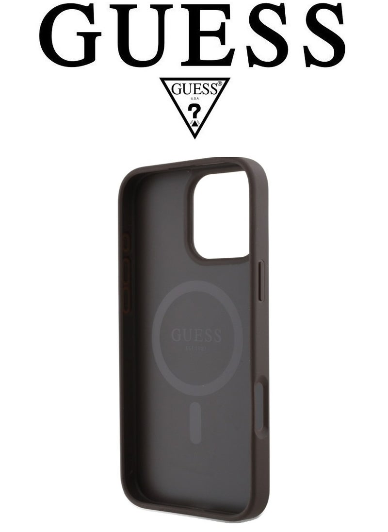 IPhone 16 Pro cover,supports MagSafe wireless charging, with a logo and a leather French design approved by the global brand Guess. From CG-MOBILE. In Brown