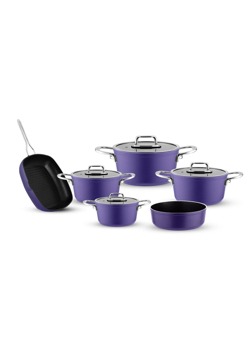 lines Turkish Tefal Granite Cookware Set by Lines – 10-Piece Set – Pyrex Lid – Suitable for all stovetops – Made in Turkey. Turkish Granite Cookware Set by Lines – 10-Piece Set – Sizes 18/20/24/28 cm + 28 cm Grill Pan + 28 cm Oven Tray + Pyrex Lid – 6 Colors (Purple ) - Image 1