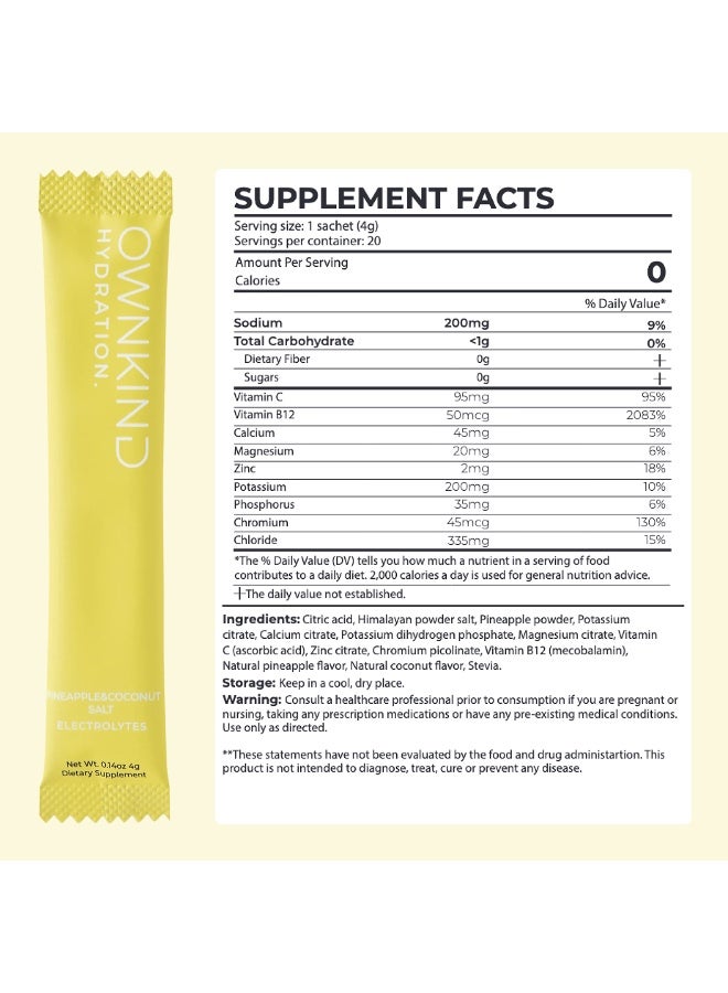 Ownkind Electrolytes Powder Sachets - Pineapple & Coconut | Zero Sugar, All 6 Electrolytes, Hydration Multiplier W/Essential Minerals, Vitamins, Immune & Metabolic Functions Vegan, Sugar & Gluten Free