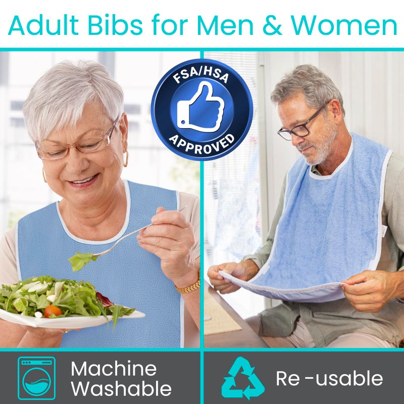 Vive Adult Bibs (2-pack) - Waterproof Apron Set for Men, Women for Eating with Adjustable Strap - Washable Reusable Large Terry Cloth - Image 2