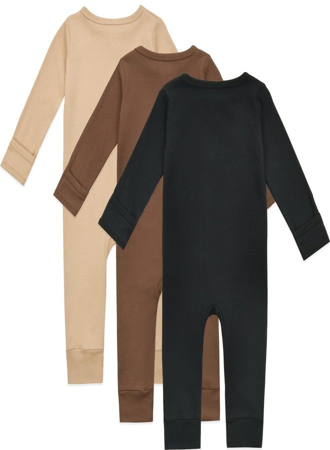 Aablexema Baby Cotton Fooltess Pajamas with Mitten, 3-pack Infant Romper Zip Up One Piece Jumpsuits Outfit(Black&Coffee&Camel,12-18m) - Image 2