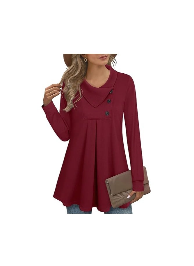 Women's Long Sleeve Button Lapel Pullover Tunic Swing Sweatshirt - Image 1