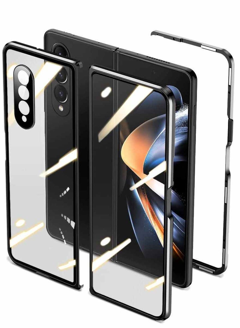 واي آند دي Case Compatible with Samsung Galaxy Z Fold 4, Magnetic Thin Body Metal Frame Double Sided Clear Tempered Glass Shockproof Lens Camera Protector Cover (Black) - Image 1