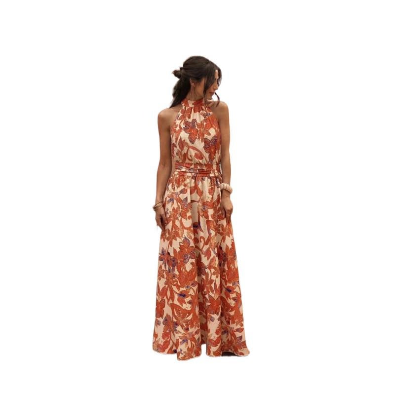 Elegant Halter Neck Long Dress with Tropical Floral Print, Ruched Waist A-Line Summer Dress - Image 4