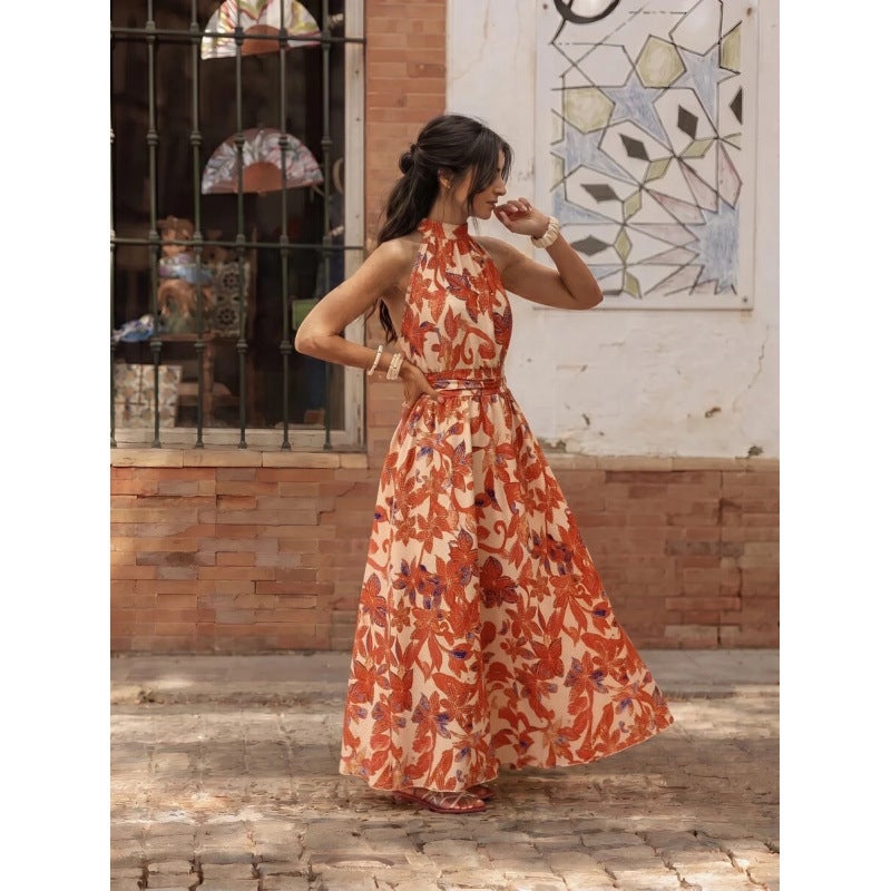 Elegant Halter Neck Long Dress with Tropical Floral Print, Ruched Waist A-Line Summer Dress - Image 2