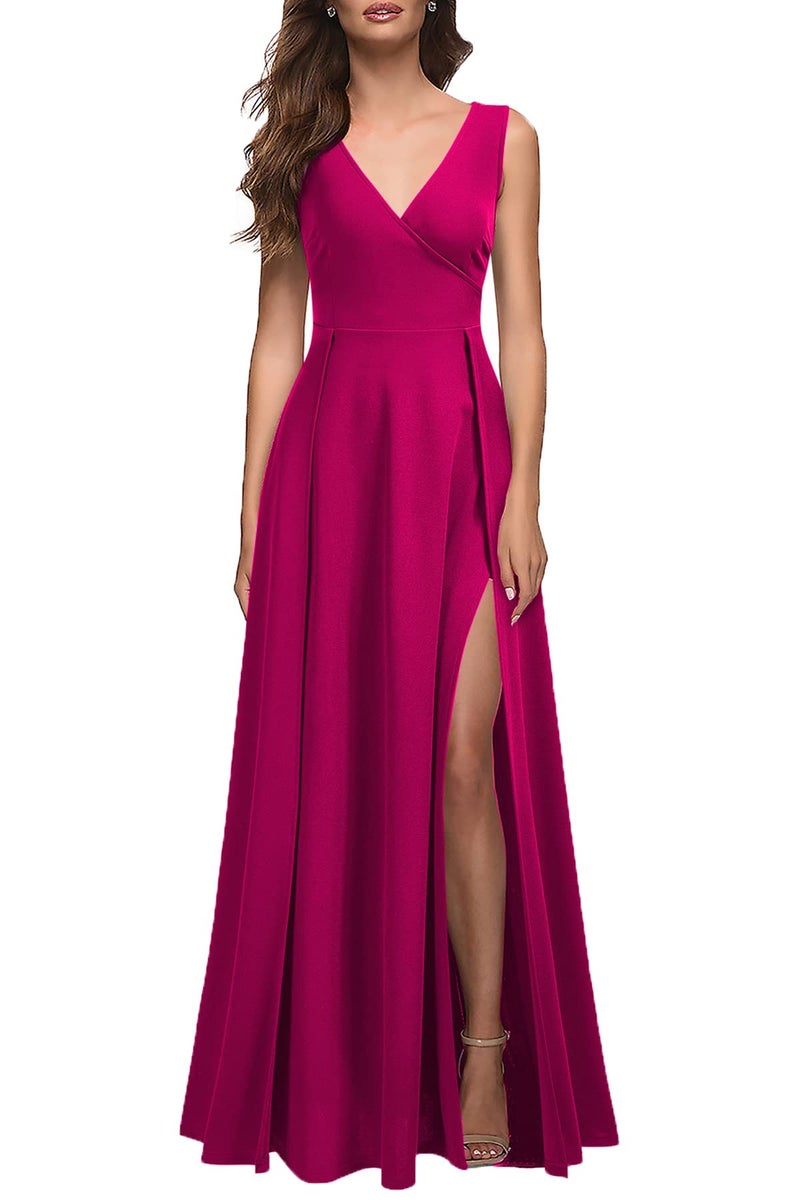 MUSHARE Women's V Neck Sleeveless Split Formal Dress Cocktail Party Prom Long Dresses Magenta - Image 1