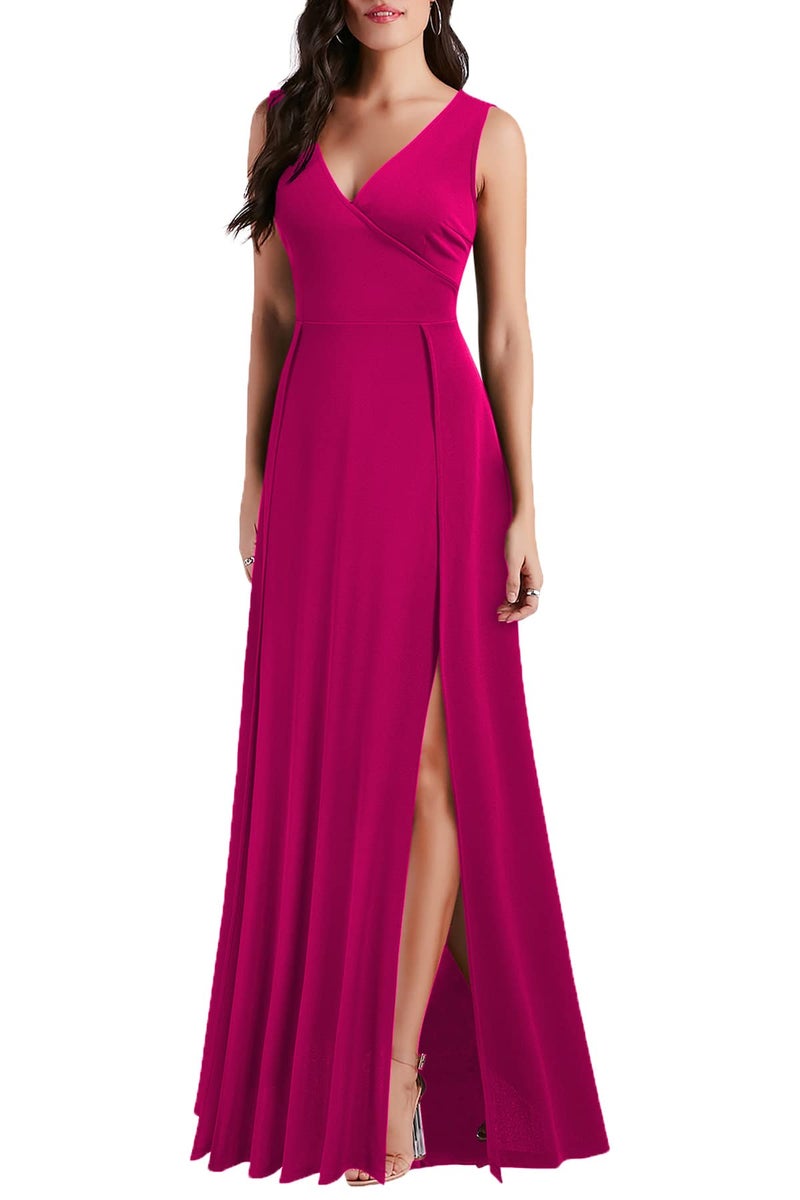 MUSHARE Women's V Neck Sleeveless Split Formal Dress Cocktail Party Prom Long Dresses Magenta - Image 3