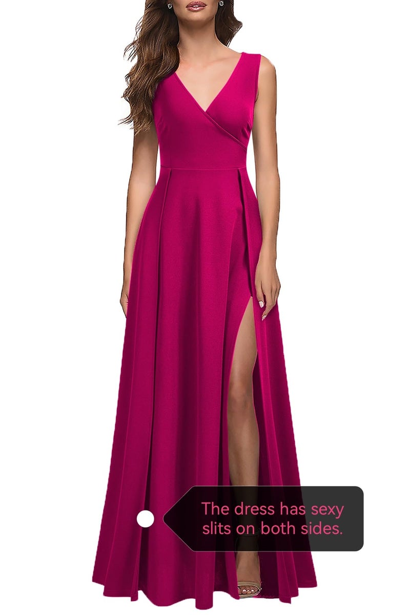 MUSHARE Women's V Neck Sleeveless Split Formal Dress Cocktail Party Prom Long Dresses Magenta - Image 4