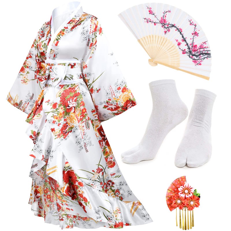 Japanese Anime Womens Kimono Robe Geisha Yukata Sweet Tuxedo Ruffle Dress Blossom Satin Bathrobe Sleepwear Fans Tabi Socks Set White S