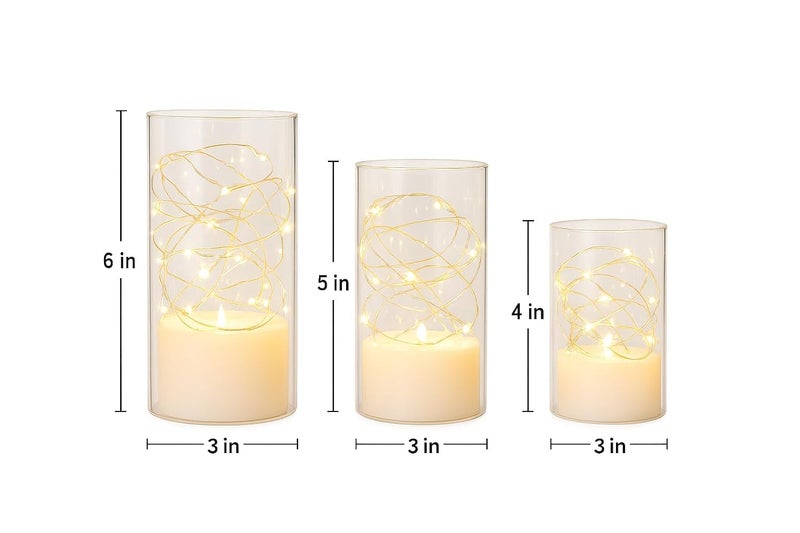 Bispy LED Flameless Candles with Warm White Fairy Lights in Glass Cylinder, Battery Operated, Realistic Flickering Effect, Decorative Lights for Bedroom, Living Room, Wedding & Home Décor (Set of 3) - Image 3