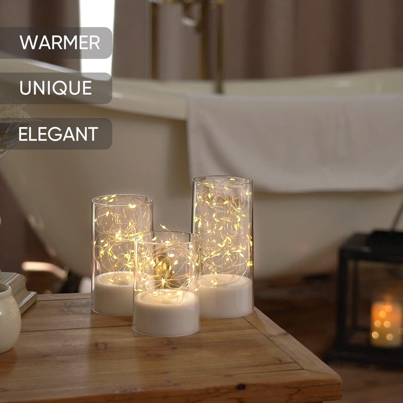 Bispy LED Flameless Candles with Warm White Fairy Lights in Glass Cylinder, Battery Operated, Realistic Flickering Effect, Decorative Lights for Bedroom, Living Room, Wedding & Home Décor (Set of 3) - Image 5