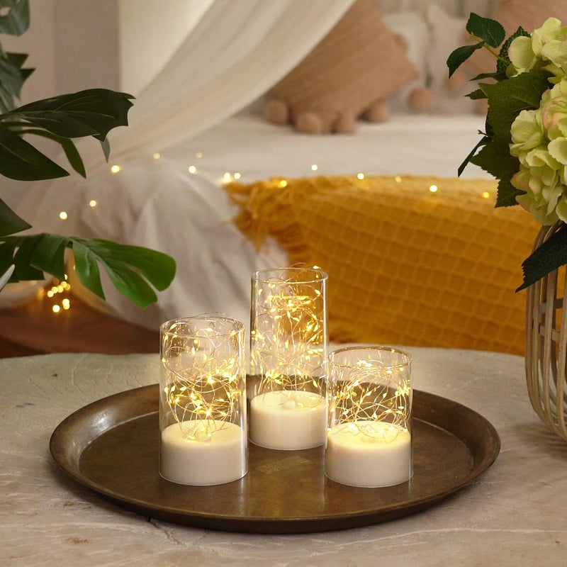 Bispy LED Flameless Candles with Warm White Fairy Lights in Glass Cylinder, Battery Operated, Realistic Flickering Effect, Decorative Lights for Bedroom, Living Room, Wedding & Home Décor (Set of 3) - Image 2