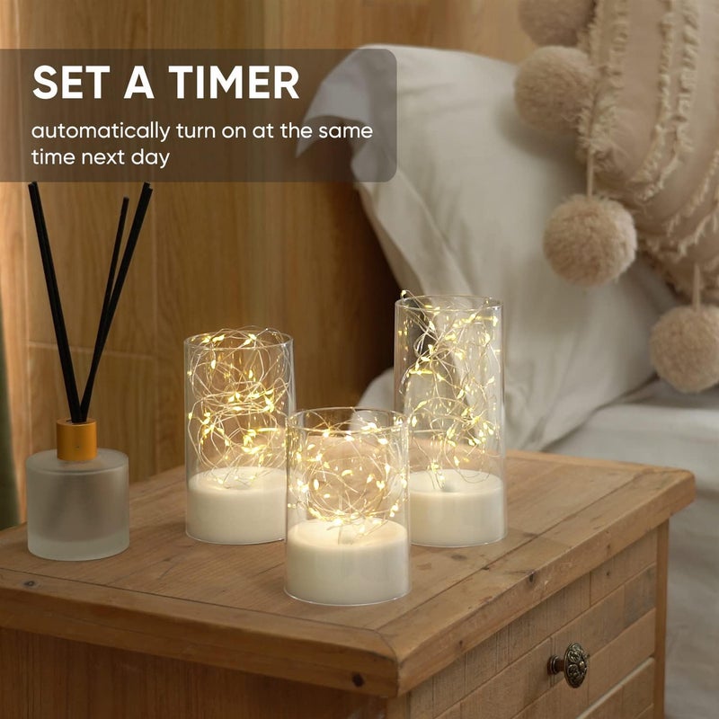 Bispy LED Flameless Candles with Warm White Fairy Lights in Glass Cylinder, Battery Operated, Realistic Flickering Effect, Decorative Lights for Bedroom, Living Room, Wedding & Home Décor (Set of 3) - Image 4