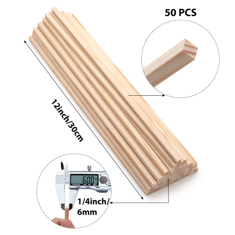 Coowayze 50PCS 1/4" x 12" Square Wooden Dowel Rods, Small Wood Square Dowel Rods Unfinished Wood Craft Sticks Hardwood Sticks Wooden Strips for Arts and DIYers, DIY Projects Home Decor Woodworking - Image 2