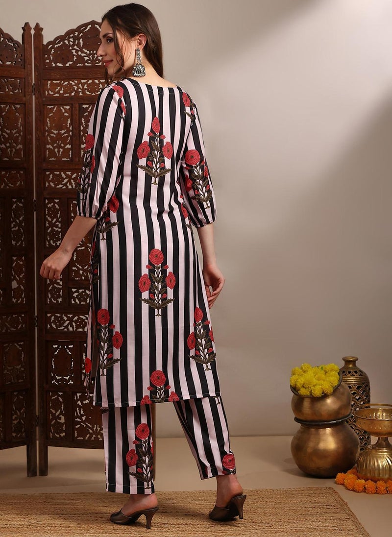 Globus Women Black V-Neck Bishop Sleeves Striped Floral Print Straight Kurta With Pants Set - Image 4