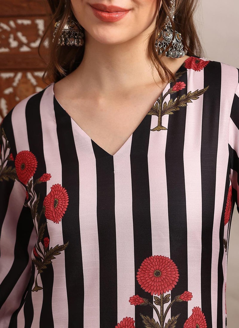 Globus Women Black V-Neck Bishop Sleeves Striped Floral Print Straight Kurta With Pants Set - Image 5