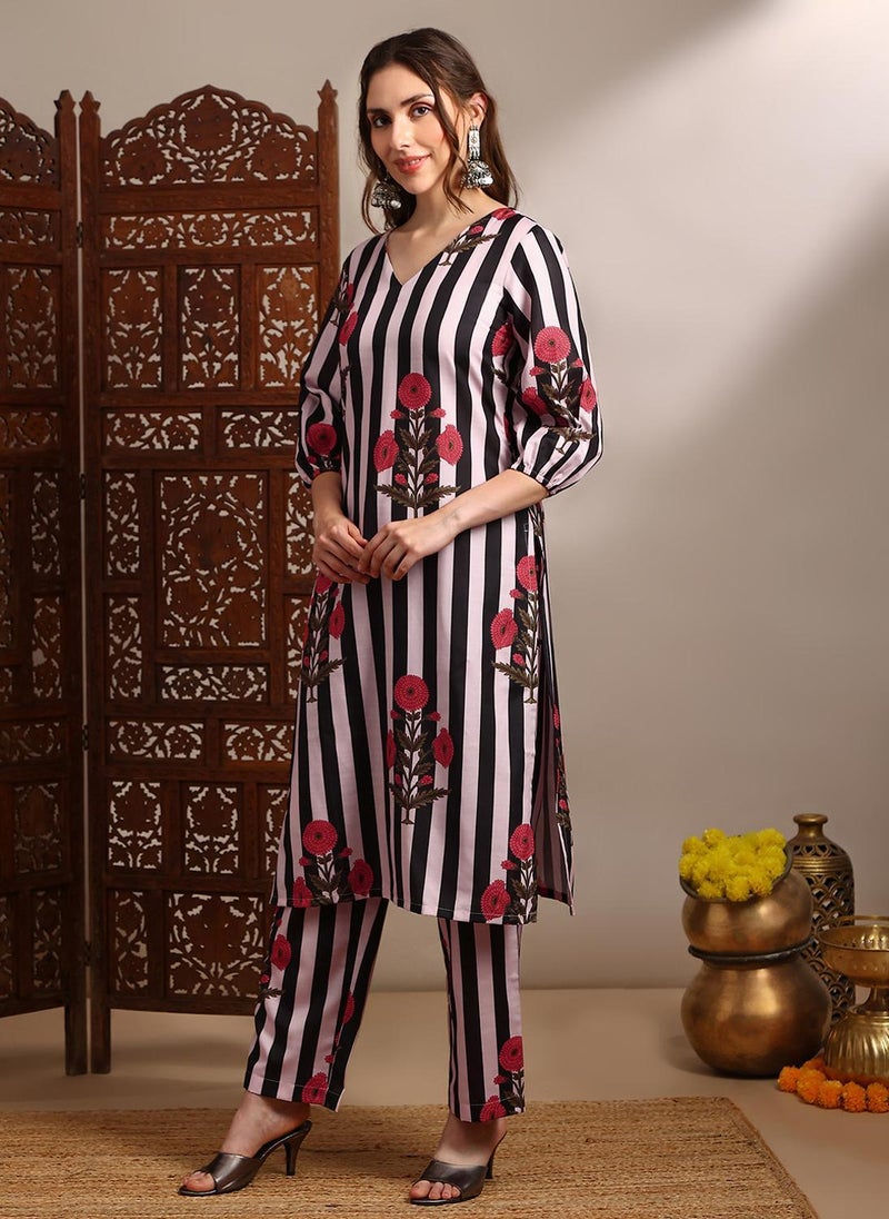 Globus Women Black V-Neck Bishop Sleeves Striped Floral Print Straight Kurta With Pants Set - Image 3