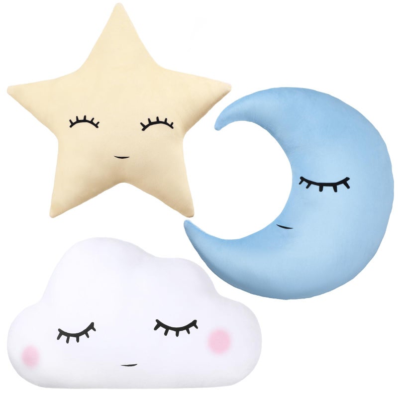 Chunful 3 Pcs Children Moon Star Cloud Cushion Soft Plush Cloud Shaped Pillow Stuffed Stars and Moon Nursery Decor Home Decor for Bedroom Crib Party Supplies Blue Yellow White