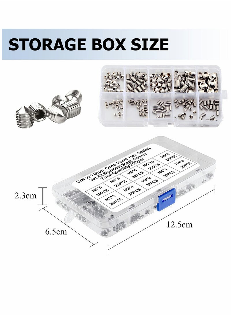 SYOSI - Stainless Steel Grub Cone Point Hex Socket Screws Set, 200 Pcs Metric Thread Socket Allen Key Cup Point Grub Screw Set with M3 M4 M5 M6 M8 - Image 1