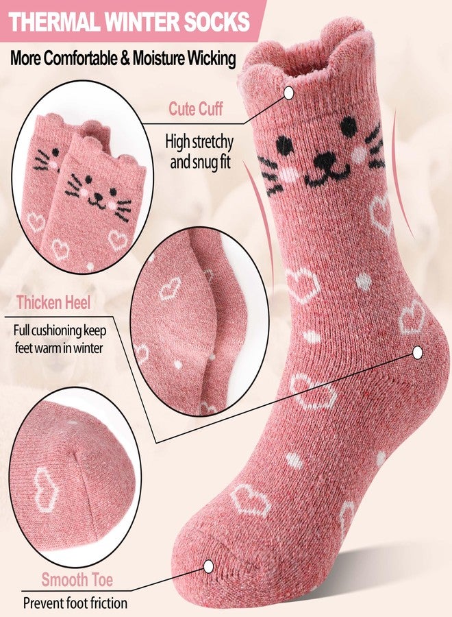 Welwoos Kids Girls Toddlers Merino Wool Cat Socks Thermal Winter Warm Thick Cozy Cute Funny Crew Socks 6 Pairs(Heart Cat,M) - Image 3