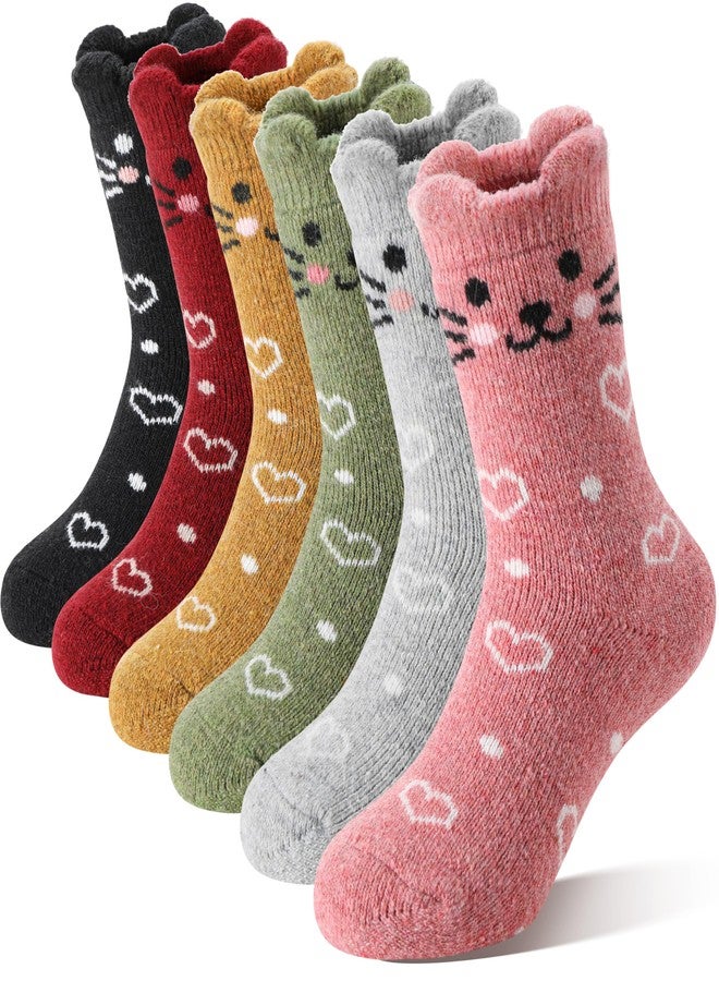 Welwoos Kids Girls Toddlers Merino Wool Cat Socks Thermal Winter Warm Thick Cozy Cute Funny Crew Socks 6 Pairs(Heart Cat,M) - Image 1