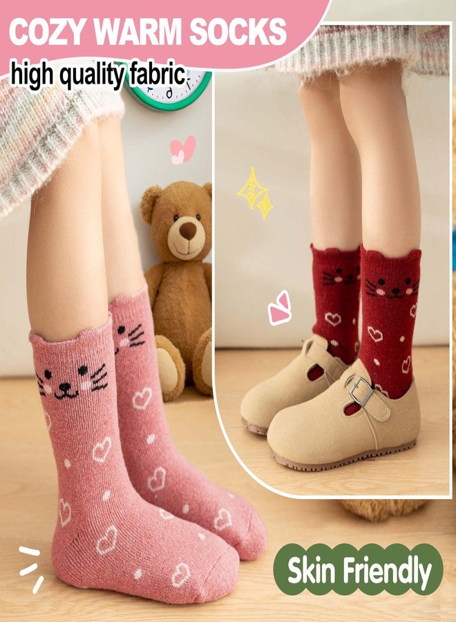 Welwoos Kids Girls Toddlers Merino Wool Cat Socks Thermal Winter Warm Thick Cozy Cute Funny Crew Socks 6 Pairs(Heart Cat,M) - Image 5