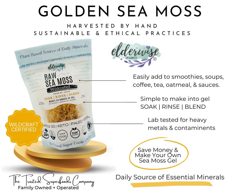 Elderwise Organics Made With Love Elderwise Raw Sea Moss | Organic Seamoss Makes 20oz of Gel | Wildcrafted Golden Sea moss | Raw & Non GMO Certified | Sundried | Mineral and Vitamin Rich | Golden - Image 2