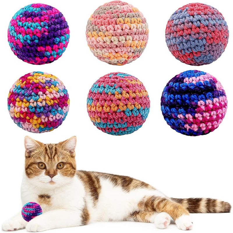Ushang Pet Cat Toys Balls, 6Pcs Colorfull Indoor Woolen Yarn Cats Ball Toy with Bell Inside Kitten Interactive Toys, Hand-Knitted Cat Chew Balls Toy Kitten Chasing Toys - Image 1