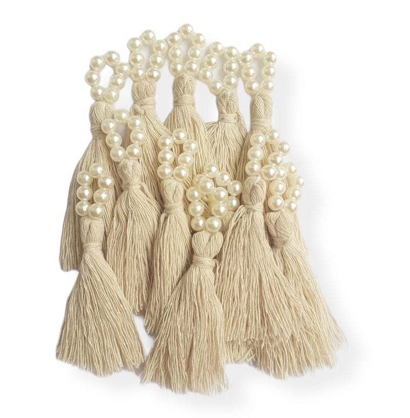 Zippy Flora Handmade Mini Cotton Tassels with Pearl Embellishments – Pack of 10 | Elegant Off-White Decorative Tassels for Saree, Blouse, Dupatta, Lehenga Borders, Home Décor & DIY Craft Projects - Image 1
