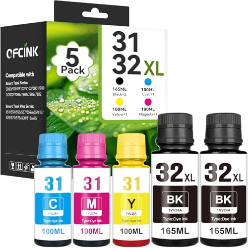 OFCINK 31 32XL Ink Bottle Set, Smart Tank 5000 5101 7602 570 651 Ink Refill Compatible with HP 31 Ink 32XL Black Ink Bottle Set Compatible with HP Smart Tank 5000 5101 7602 570 651 6001 7001 7301 Printers - Image 1