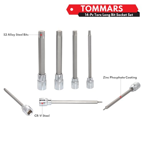 TOMMARS 14-PC Long Torx Bit Socket Set, S2 Alloy Steel Star Socket Set T10-T70 - Image 4