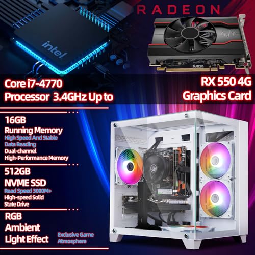 Kroteaup Gaming PC Desktop, Intel i7-4770, Radeon RX 550 4G, 16GB RAM, 512GB SSD, RGB Fans, White Prebuilt Gaming Computer with Keyboard & Mouse, Windows 11 - Image 2