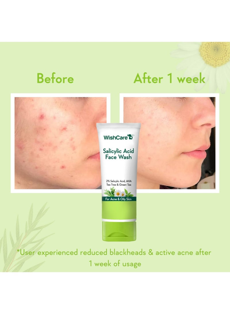 WishCare 2% Salicylic Acid Face Wash for Women & Men with AHA, GreenTea, Chamomile & TeaTree | Face Wash for Oily Skin & Acne Prone Skin 100ml - Image 3