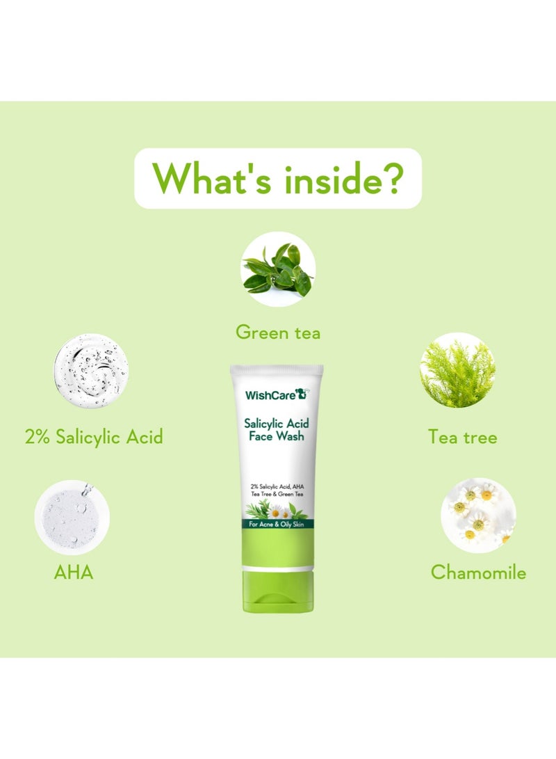 WishCare 2% Salicylic Acid Face Wash for Women & Men with AHA, GreenTea, Chamomile & TeaTree | Face Wash for Oily Skin & Acne Prone Skin 100ml - Image 5
