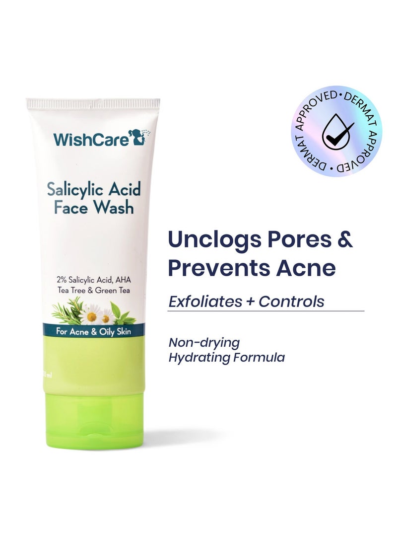 WishCare 2% Salicylic Acid Face Wash for Women & Men with AHA, GreenTea, Chamomile & TeaTree | Face Wash for Oily Skin & Acne Prone Skin 100ml - Image 2