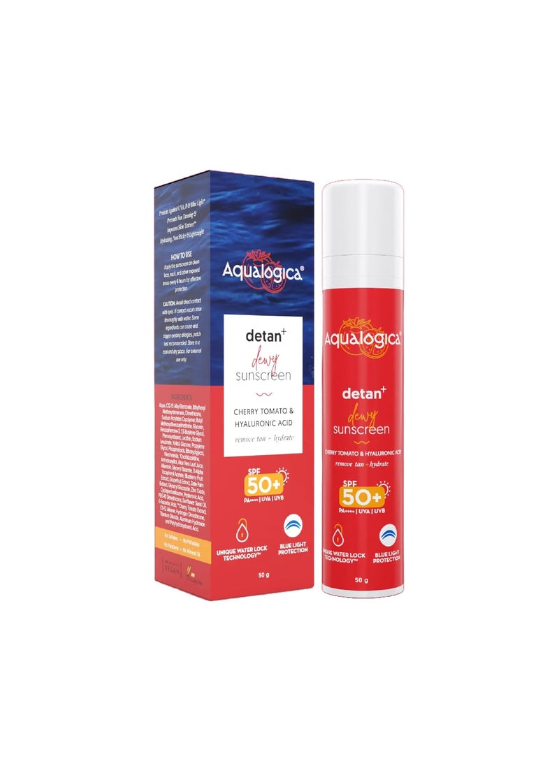 Aqualogica Detan Dewy Face Sunscreen with SPF 50  PA  Blue Light Protection  No White Cast  Fights Sun Damage with Cherry Tomato  Hyaluronic Acid  176 Oz50g 