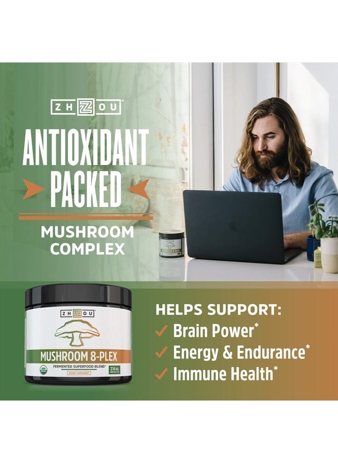 Zhou Nutrition - Zhou Nutrition 8-Plex Organic Mushroom Powder, Support Cognitive and Immune Health, Increase Energy, Endurance & Overall Wellness, Lions Mane, Reishi & Turkey Tail, 30 Servings - 2.14 Oz - Image 1