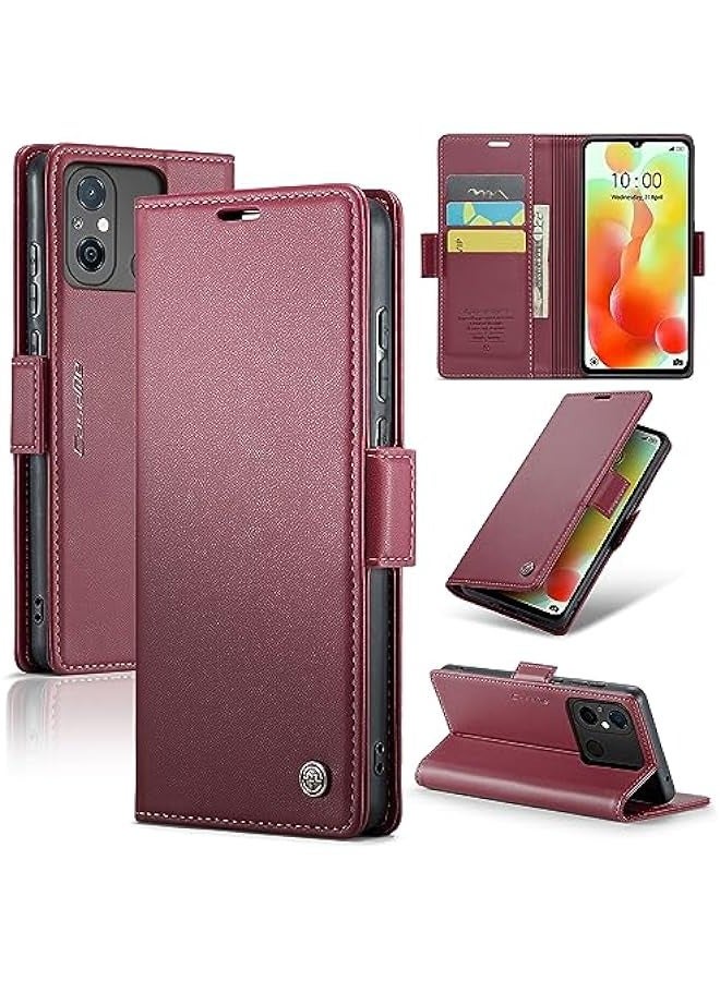 حافظة جلدية فاخرة لهاتف شاومي ريدمي 12C، تحمي من RFID والصدمات، مع حامل بطاقة ائتمانية يتسع لثلاث بطاقات، بلون أحمر نبيذ جذاب. - Image 1