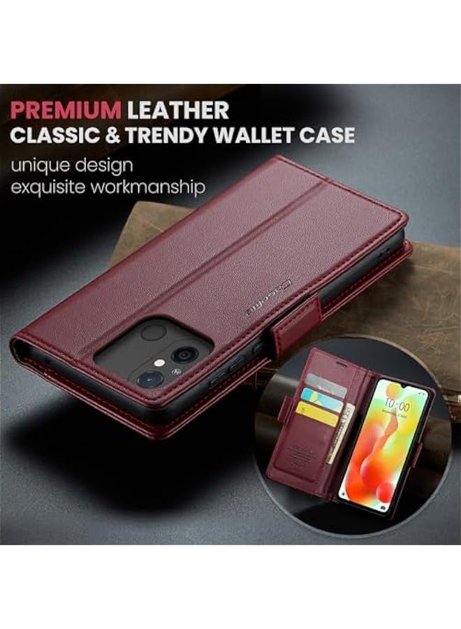 حافظة جلدية فاخرة لهاتف شاومي ريدمي 12C، تحمي من RFID والصدمات، مع حامل بطاقة ائتمانية يتسع لثلاث بطاقات، بلون أحمر نبيذ جذاب. - Image 2